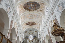 Germany, Bavaria, Augsburg, St Anne's Church, Fugger Church ceiling decorated with Baroque and Rococo stuccowork and frescoes by Johann Georg Bergmüller.