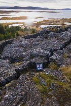 Iceland, Golden Circle, Thingvellir National Park in Autumn colours. The Mid-Atlantic Rift between the North American and Eurasian tectonic plates.Lake Thingvallavtr, the largest lake in Iceland sitti...