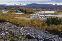 Iceland, Golden Circle, Thingvellir National Park in Autumn colours. The Mid-Atlantic Rift valley between the North American and Eurasian tectonic plates. Site of the first Icelandic Parliament.