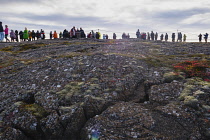 Iceland, Golden Circle, Thingvellir National Park in Autumn colours. The Mid-Atlantic Rift between the North American and Eurasian tectonic plates. Figures in the landscape withsightseeing tourists.