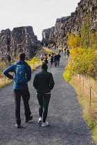 Iceland, Golden Circle, Thingvellir National Park in Autumn colours. The Mid-Atlantic Rift between the North American and Eurasian tectonic plates. Almannagja Gorge marking the edge of the North Ameri...