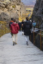 Iceland, Golden Circle, Thingvellir National Park in Autumn colours. The Mid-Atlantic Rift between the North American and Eurasian tectonic plates. Almannagja Gorge marking the edge of the North Ameri...