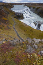 Iceland, Golden Circle, Thingvellir National Park in Autumn colours. The Mid-Atlantic Rift between the North American and Eurasian tectonic plates. Gullfloss Waterfall, the Golden Falls on the River H...