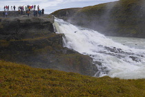 Iceland, Golden Circle, Thingvellir National Park in Autumn colours. The Mid-Atlantic Rift between the North American and Eurasian tectonic plates. Gullfloss Waterfall, the Golden Falls on the River H...