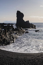 Iceland, Snaefellsnes Peninsula National Park, Djupalonssandur black sand beach. Rock formations.