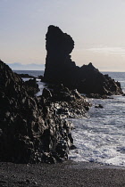 Iceland, Snaefellsnes Peninsula National Park, Djupalonssandur black sand beach. Rock formations.