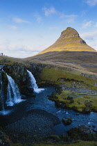 Iceland, Snaefellsnes Peninsula National Park, Kirkjufellsfoss waterfall, Church Mountain Waterfall, and Kirkjufell, Church Mountain.