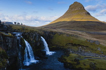 Iceland, Snaefellsnes Peninsula National Park, Kirkjufellsfoss waterfall, Church Mountain Waterfall, and Kirkjufell, Church Mountain.