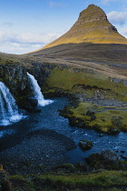 Iceland, Snaefellsnes Peninsula National Park, Kirkjufellsfoss waterfall, Church Mountain Waterfall, and Kirkjufell, Church Mountain.