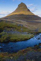 Iceland, Snaefellsnes Peninsula National Park, Kirkjufellsfoss waterfall, Church Mountain Waterfall, and Kirkjufell, Church Mountain.