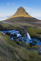 Iceland, Snaefellsnes Peninsula National Park, Kirkjufellsfoss waterfall, Church Mountain Waterfall, and Kirkjufell, Church Mountain.