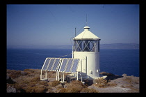 Greece, Lesvos, Cape Molyvos, Solar Powered Lighthouse on a clifftop overlooking the sea.