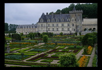 France, Indre-et-Loire, Villandry, Chateau de Villandry seen over formal gardens.