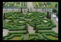 France, Indre-et-Loire, Villandry, Chateau de Villandry formal gardens with sculpted hedges.