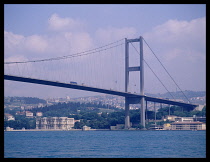 Turkey, Istanbul, The Old Bosphorus Bridge with traffic crossing.