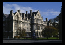 Ireland, Dublin, Trinity College  angled view of exterior facade.