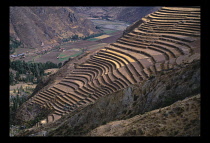Peru, Cusco Department, Pisac, Inca terracing  valley floor seen beyond.