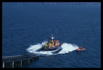 Wales, Pembrokeshire, Tenby, Lifeboat being launched.