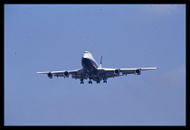 Transport, Air, Planes, Boeing 747 Jumbo Jet passenger plane on final approach to land.
