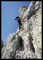 Sport, , Rock Climbing, Woman climbing Via Farrata Giuseppe Olivieri of the Toffana group  Dolomites  Italy.