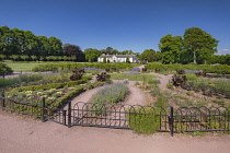 Ireland, County Kerry, Killarney, Killarney House and Gardens, ornamental gardens with Killarney House in the background.