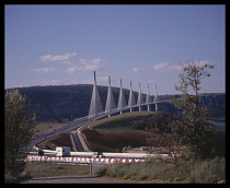 France, Midi Pyrenees, Millau Bridge, The tallest motorway bridge over the Tarn valley.