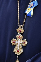 England, London, Westminster, Pro Ukraine demonstration, close up of cross around priests neck.