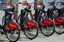 England, London, Bikes for hire at Charing Cross.