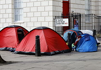 England, London, Westminster, St Martins in the Field, Homeless people camping on the pavement.
