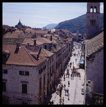 Croatia, Dubrovnik, View over rooftops and busy street below.