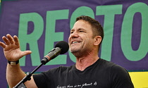 England, London, Steve Backshall, explorer, environmental activist, Speaking at Restore Nature rally.