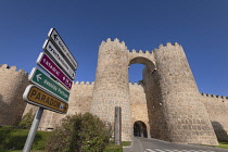 Spain, Castile and Leon, Avila, The Puerta de San Vicente or Gate of St Vincent is a monumental gate with very strong turrets flanking the entrance, it is part of the city walls that were built from 1...