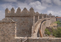 Spain, Castile and Leon, Avila, City walls that were built from 1090 onwards and are among the best-preserved and most complete in Europe, viewed from the walkway along the interior perimeter of the w...
