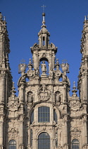 Spain, Galicia, Santiago de Compostela, the Cathedral of Santiago de Compostela, tower detail with St James the Apostle in the centre and one level below his two disciples Athanasius and Theodore all...