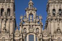 Spain, Galicia, Santiago de Compostela, the Cathedral of Santiago de Compostela, tower detail with St James the Apostle in the centre and one level below his two disciples Athanasius and Theodore all...