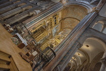 Spain, Galicia, Santiago de Compostela, the Cathedral of Santiago de Compostela,  Baldachin and highly decorated high altar with the famous Botafumeiro thurible out front.