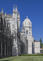 Portugal, Lisbon, Belem, Mosterio Dos Jeronimos or the Royal Monastery of Saint Mary of Belém, exterior facade of the monastery.