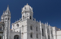 Portugal, Lisbon, Belem, Mosterio Dos Jeronimos or the Royal Monastery of Saint Mary of Belém, highly decorated upper facade of the monastery.