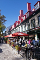 Canada, Quebec Province, Quebec City, Vieux Quebec, Old Quebec City Upper Town, al fresco dining at restaurants along Rue Sainte-Anne