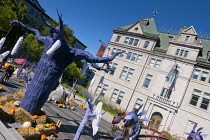 Canada, Quebec Province, Quebec City, Vieux Quebec, Old Quebec City Upper Town, Hotel de Ville with Halloween pumpkins and statues