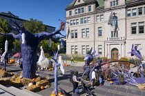 Canada, Quebec Province, Quebec City, Vieux Quebec, Old Quebec City Upper Town, Hotel de Ville with Halloween pumpkins and statues