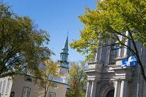 Canada, Quebec Province, Quebec City, Vieux Quebec, Old Quebec City Upper Town, St Andrews Presbyterian Church, schoolchildren and flag of Quebec.
