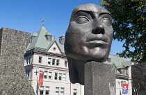 Canada, Quebec Province, Quebec City, Vieux Quebec, Old Quebec City Upper Town, Hotel de Ville. The Monument aux Frères Éducateurs, or Monument to the Teaching Brothers, commemorates the eleven orde...