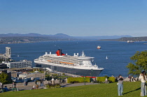 Canada, Quebec Province, Quebec City, Old Quebec or Vieux Quebec. The Cunard Cruise ship Queen Mary 2 berthed at the city docks on the Saint Lawrence River.