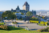 Canada, Quebec Province, Quebec City, Old Quebec or Vieux Quebec. Chateau Frontenac, with the Wolfe-Montcalm Monument in Parc des Gouverneurs, The Governor's Garden.