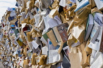 Canada, Quebec Province, Quebec City, Old Quebec or Vieux Quebec. The artwork CUL-DE-SAC-2024 by Spanish scultor Alicia Martin. A wall of books standing in front of canons on the Royal Battery in Bass...