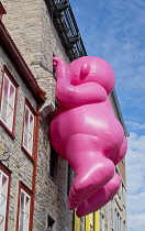 Canada, Quebec Province, Quebec City, Place Royale in Old Quebec City, Vieux Quebec in Basse-Ville or Lower Town. One of the inflatable Mr Pink, or Monsieur Rose S'Envole, sculptures by sculptor Phili...