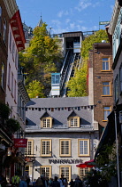 Canada, Quebec Province, Quebec City, Old Quebec City, Vieux Quebec. Rue Sous-le-Fort in Basse-Ville, the Lower Town, leading to the Funiculaire du Vieux Quebec, the Funicular, that joins to the Upper...