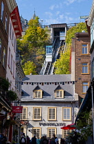 Canada, Quebec Province, Quebec City, Old Quebec City, Vieux Quebec. Rue Sous-le-Fort in Basse-Ville, the Lower Town, leading to the Funiculaire du Vieux Quebec, the Funicular, that joins to the Upper...