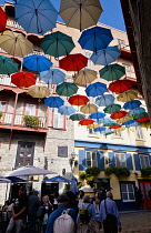 Canada, Quebec Province, Quebec City, v. Chateau Frontenac with the iconic umbrellas on rue du Cul-de-Sac in the Quartier Petit Champlain in Basse-Ville, or Lower Town.